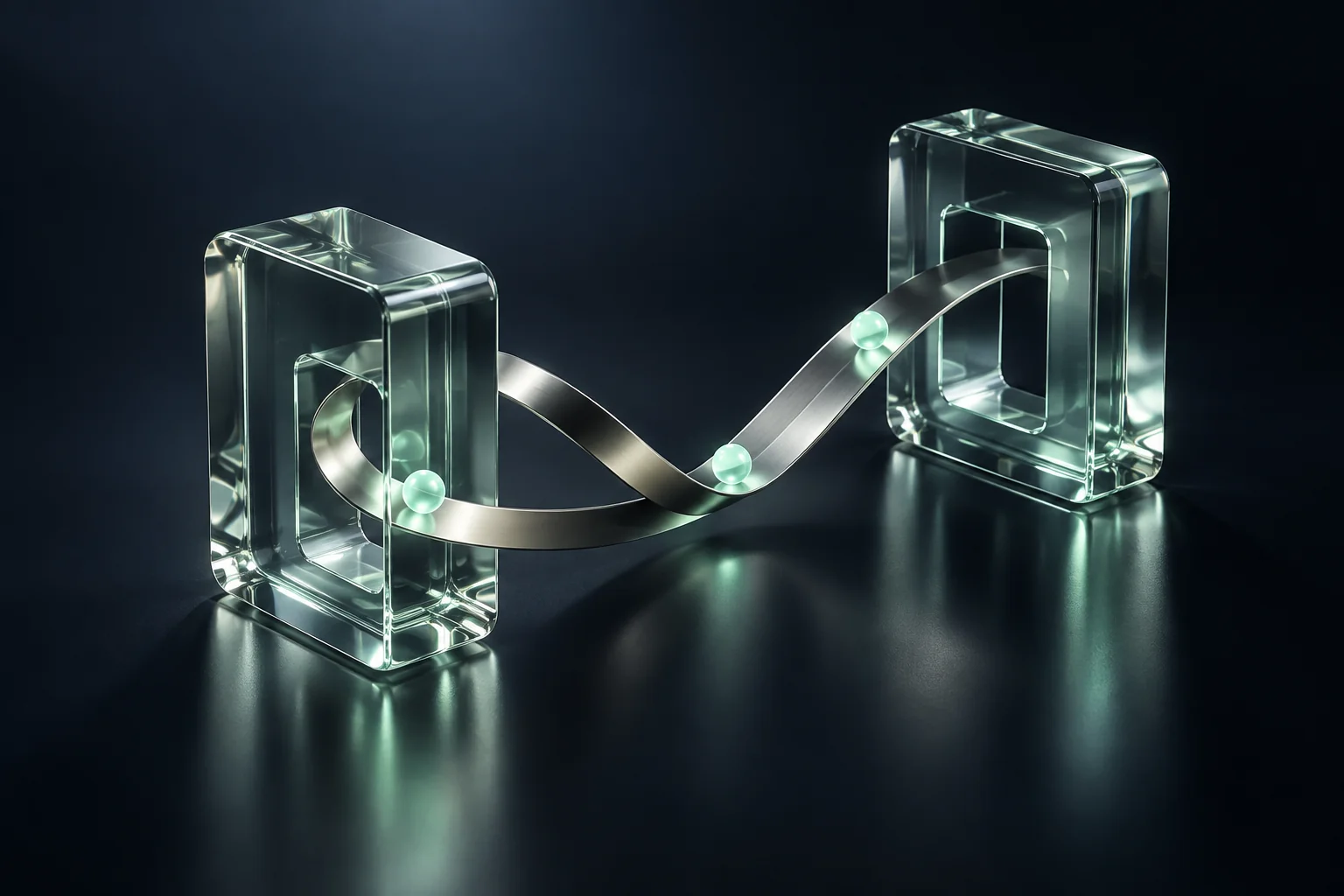 Glass gateways connected by a titanium ribbon; conceptual artwork for payment infrastructure.