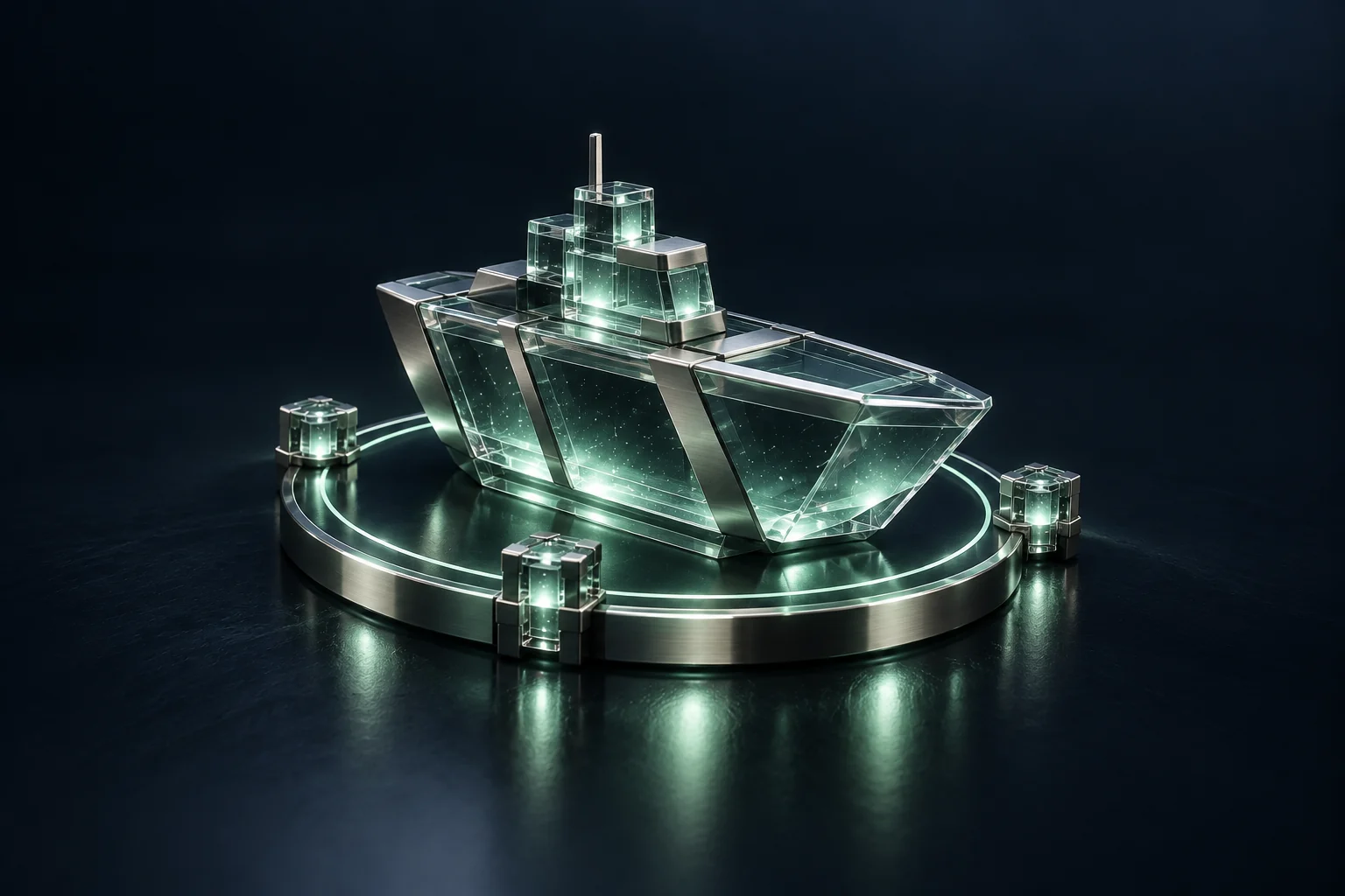 A glass and titanium vessel surrounded by mint-lit observation nodes; conceptual artwork for maritime intelligence.