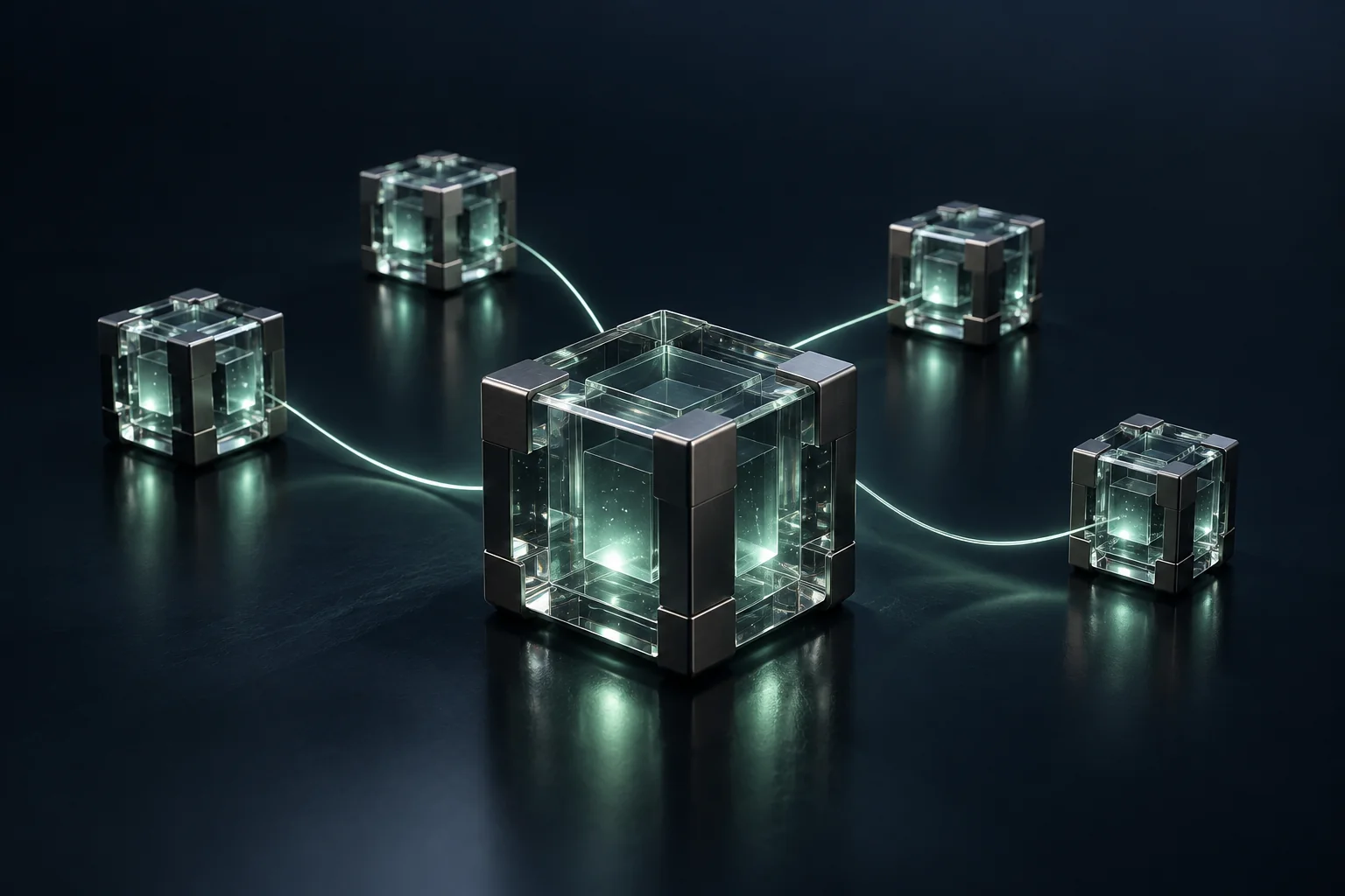 Connected glass and titanium nodes; conceptual artwork for distributed infrastructure.