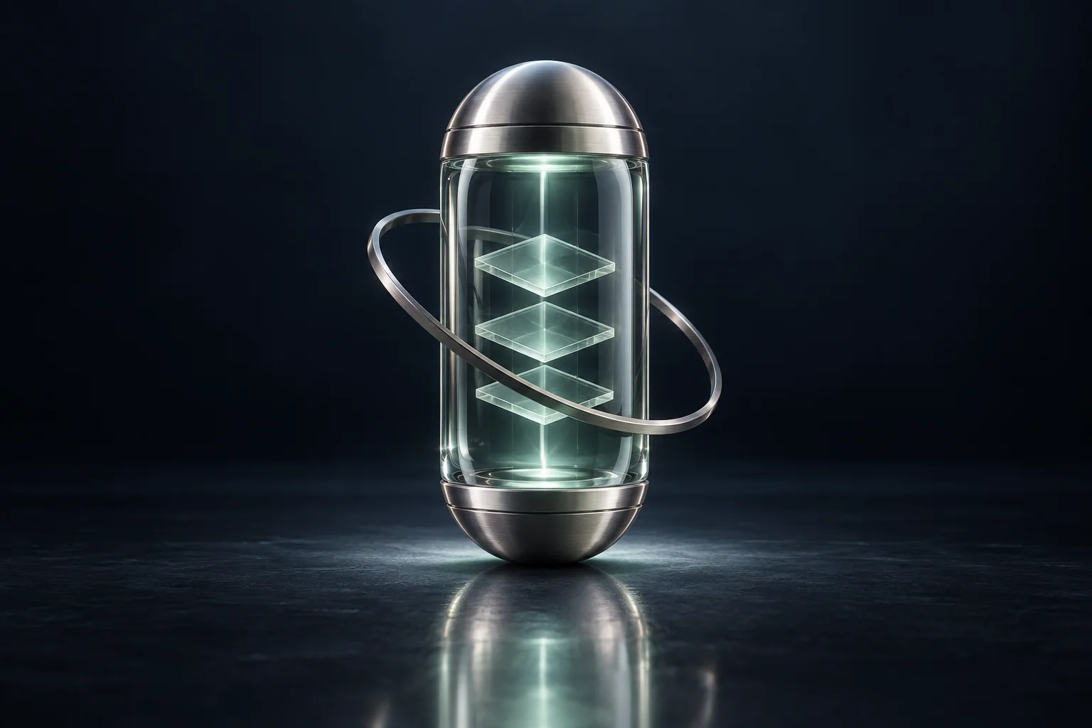 Glass sheets protected inside a capsule with a surrounding orbit; conceptual artwork for digital legacy.